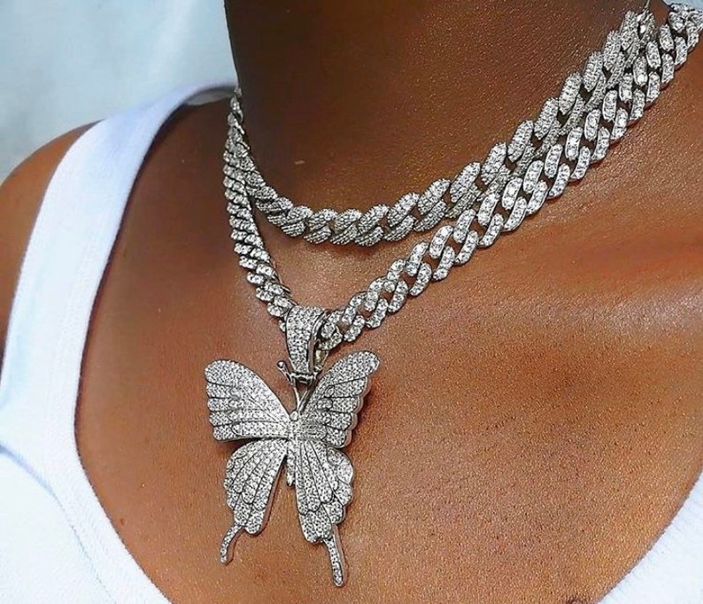 Butterfly Necklace cuban Choker Chain Necklace Blinged Iced - Etsy