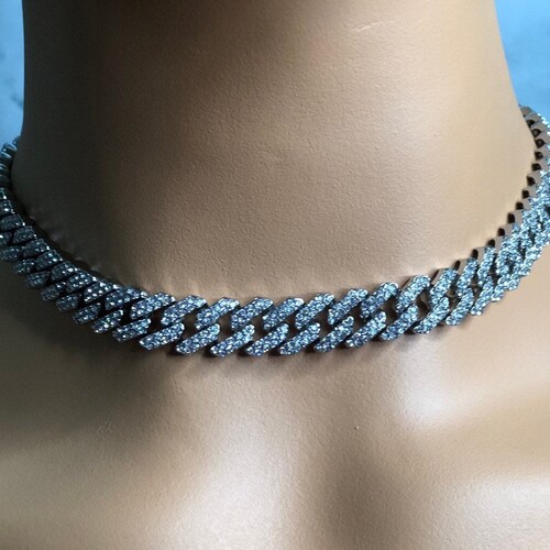 Silver Cuban Chain Necklace Blinged 