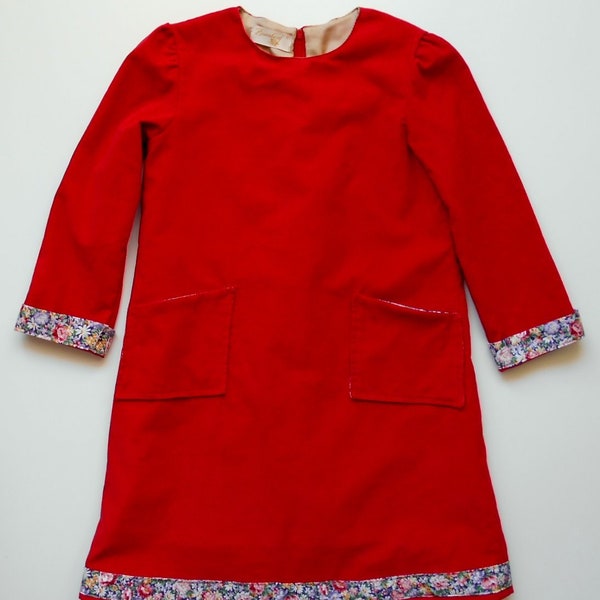 Kinderkleid, Blumenborte und Taschen, handgefertigt, Unikat, rot Gr. 134 sof. lieferbar, kirschrot, Cord, Feincordstoff, Taftfutter