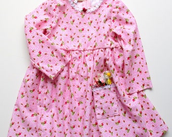 Cute dress 1-2 years, size 86, unique, pink, handmade, floret print, fluffy soft baby cord