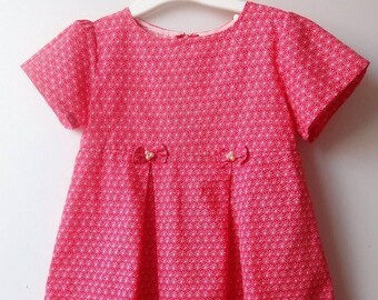 Baby dress toddler red white for about 8 - 16 months handmade 2 pearl buttons (each 1 button with 3 beads)