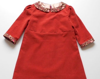 Girl's dress, size 128 plus, handmade, unique terracotta/cinnamon dress, fine corduroy with a beautiful A-line border, available for immediate delivery