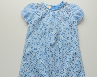 SALE! Lace dress on blue satin dress, handmade, viscose lace, size. 110/116 (approx. 5 + 6 years) UNIQUE