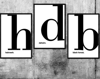 letter prints "b - black forest." | "d - daheim." | "h - heimweh."