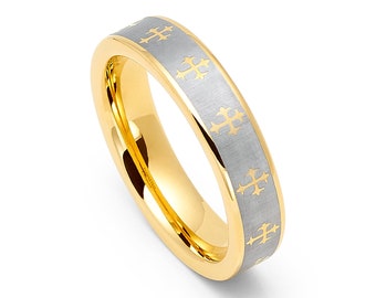 Tungsten 5mm Vergoldet & Lasergravierte Kreuze Hochzeitsband