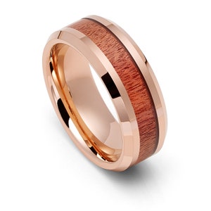 Tungsten 8mm Rose Gold Plated Ring With Hawaiian Koa Wood Inlay & Beveled Edges Wedding Band