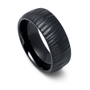 Tungsten 8mm Black Plated With Carved Tree Bark Style Wedding Band Mens Wedding Band