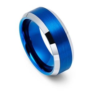 Tungsten 8mm Brushed Blue Plated Finish With Beveled Edges Wedding Band