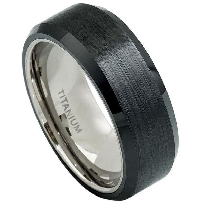 Titanium 8mm Brushed Black Plated Ceramic Finish With Beveled Edges Wedding Band