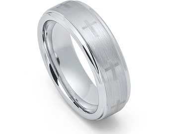 Tungsten 7mm Brushed Center & Laser Engraved Cross Wedding Band