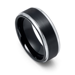 Tungsten 8mm Brushed Black Plated Finish With Original Color Stepped Edges Wedding Band