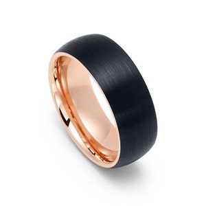 Tungsten 8mm Rose Gold Plated Dome Wedding Band With Black Plated Brushed Finish