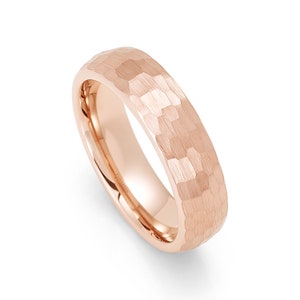 Tungsten 6mm Polished Rose Gold Plated Domed Wedding Band With Brushed Finish Hammered Design