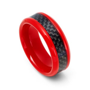 Tungsten 8mm Red Enamel Plated Ring With Black Carbon Fiber Inlay Wedding Band