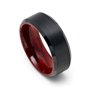 Tungsten 8mm African Sapele Mahogany Wood Ring With Brushed Black Plated Finish Wedding Band