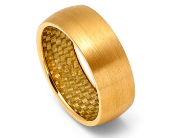 Tungsten 8mm Golden Carbon Fiber Ring With Yellow Gold Plated Brushed Center Wedding Band