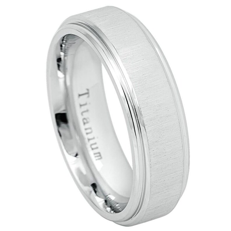 Titanium 7mm Brushed White Plated Finish Ring With Polished Stepped Edges Wedding Band