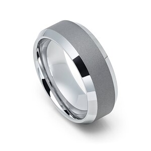 Tungsten 8mm High Polished Ring With Sandblast Finish & Beveled Edges Wedding Band