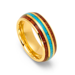 Tungsten 8mm Yellow Gold Plated Wedding Band With Rosewood & Crushed Turquoise Inlay