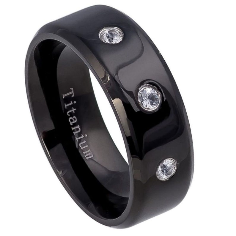 Titanium 8mm Brushed Black Plated Finish With 3 Bezel Set Natural White Sapphires Wedding Band