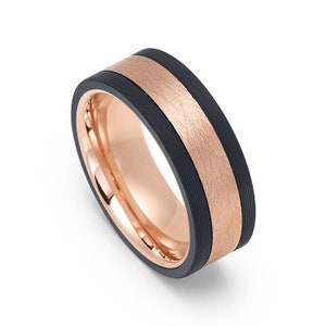 Tungsten 8mm Rose Gold Plated Wedding Band With Forged Composite Carbon Fiber Inlay Sides