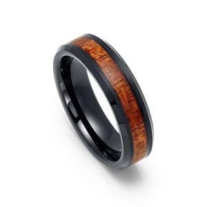 Tungsten 6mm Black Plated Wedding Band With Hawaiian Koa Wood Inlay & Beveled Edges