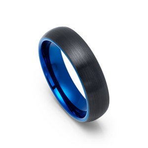 Aliança de casamento chapeada azul lustrada 6mm da abóbada do tungstênio com revestimento escovado chapeado preto