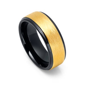 Tungsten 8mm Two-Tone Black Plated Ring With Brushed Yellow Gold Plated Wire Finish Wedding Band Mens Wedding Band