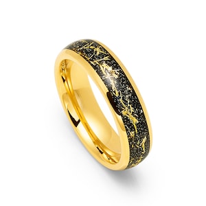 Tungsten 6mm Polished Yellow Gold Plated Dome Wedding Band With Imitation Meteorite Inlay