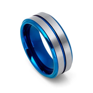 Tungsten 8mm Blue Plated Ring With Brushed Finish Center & Stepped Edges Wedding Band