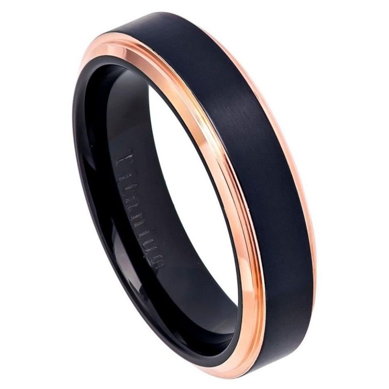 Titanium 6mm Brushed Black Plated Finish With Rose Gold Plated Sides /& Stepped Edges Wedding Band