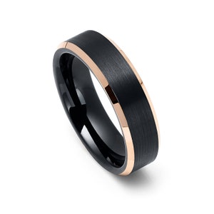 Tungsten 6mm Polished Black Plated Unisex Wedding Band With Rose Gold Plated Beveled Edges
