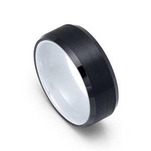 Tungsten 8mm White Ceramic Inlay Wedding Band With Black Plated Brushed Finish Center & Polished Beveled Edges