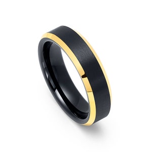 Tungsten 6mm Black Plated Wedding Band With Polished Yellow Gold Plated Beveled Edges