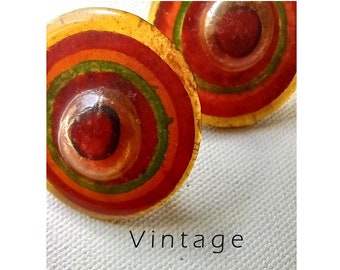 RARE! Artfully handcrafted disc ear clips made of colorful artificial glass / 4 cm diameter / 1970s to 1980s