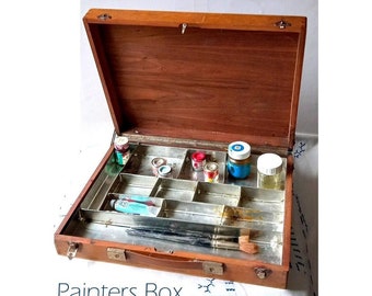 Künstlerkoffer, Malkoffer, Painters Box, Künstlerkiste aus Holz mit Metallfächern / tragbar: mit Griff / 39 x 30 x 7,5 cm / 1950 - 1960