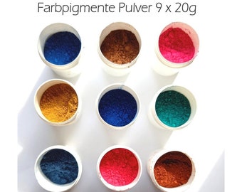 Probierset 9 x 20g Farbpigmente Pulver; Künstlerpigmente /  1990er Jahre