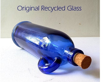 RARE! Cobalt blue bottle/carafe with handle and cork / The Original & Genuine Recycled Glass Made in Spain / 1970s to 1990s