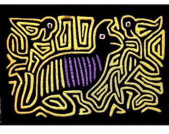 Textilkunst > HANDARBEIT: Gequiltetes (gestepptes) Wandbild; Baumwolle; schwarz-gelb-lila; Motiv 43 x 29 cm