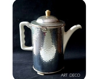 Art deco! Old hot water jug "Thermisol Bauscher license SUS Bavaria" / porcelain, chrome (hammered look), bakelite / 22 cm H / 1920 - 1930