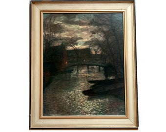 Hochwertiger Kunstdruck > professionell gerahmt / "Mondnacht an der Wümme" (Friedliche Welt), Worpswede 1935, Otto Modersohn /57 x 48 x 3 cm