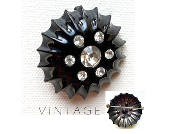 RARE! Great midcentury brooch / black metal, round, 4 cm diameter / 1940s to 1950s