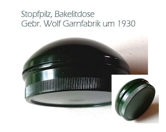 RAR! Sammlerstück: Stopfpilz, Pilzdose, Bakelit-Dose D.R.G.M. 1349390 / für Bela-Garn, Prod. Gebr. Wolf Garnfabrik um 1930