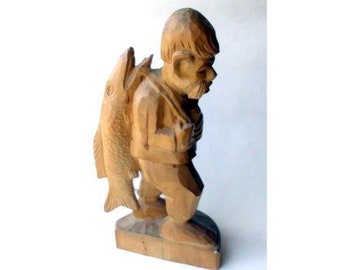 Vintage Skulptur; Holzskulptur *Fischer* / polnische Handarbeit / Höhe 32 cm