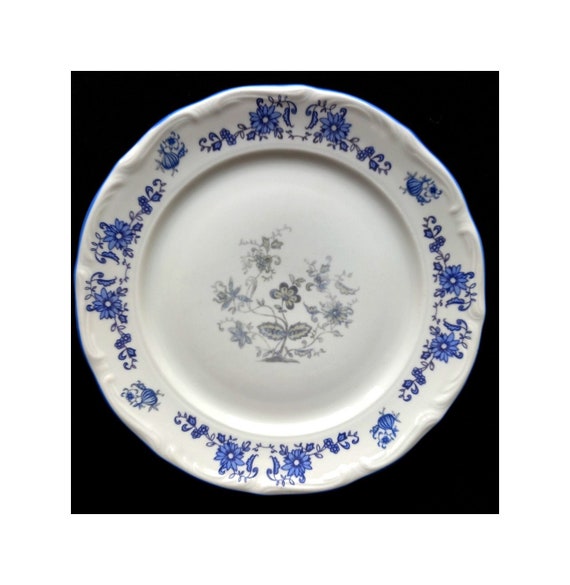 RAR! Porzellan Alte Serie aus Polen / Kuchenteller 25 cm Durchmesser, weiß mit blau / um 1950