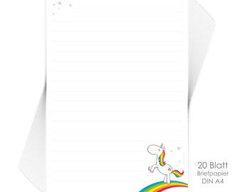 LETTER PAPER for children "Rainbow Unicorn" DIN A4 lined for children - ideal for beginner writers and school children
