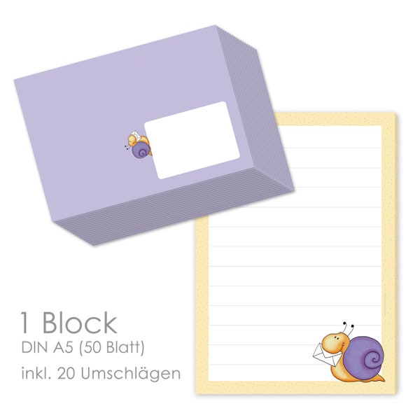 Briefpapier-Set "SCHNECKENPOST" für Kinder Block inklusive 20 Briefumschläge