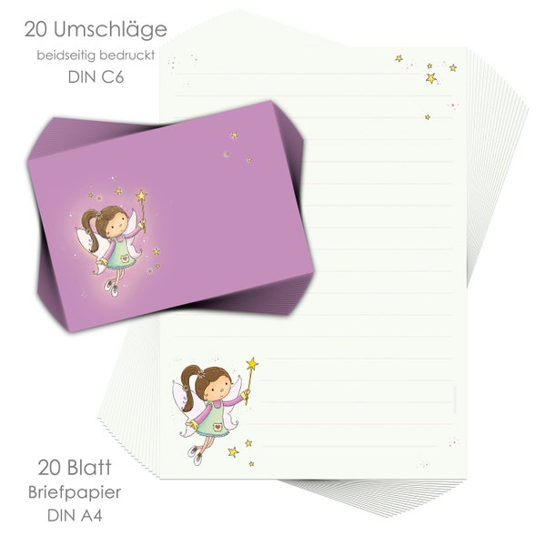 Briefpapier-Set "FEE" für Kinder 20 Blatt & 20 Umschläge DIN A4 / liniertes Briefpapier für Mädchen