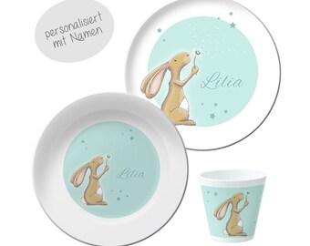 personalisiertes Kindergeschirr, Kinderteller mit Namen, Kindergeschirr Set Melamin Geschenkidee zur Taufe, Geburtstag, Geschenk Geburt Baby