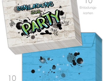 10 EINLADUNGEN zum Kindergeburtstag GRAFFITI inklusive 10 passende Umschläge, Einladungskarten für Teens / Einladung Party